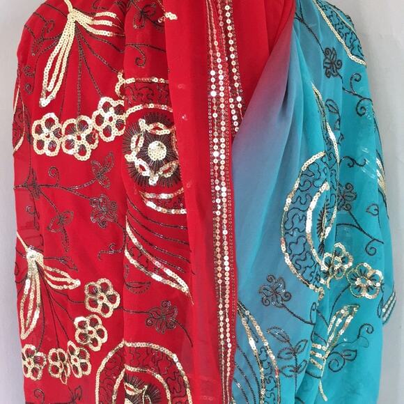 Sari fabric sequins embellished turquoise red EUC - Picture 5 of 8